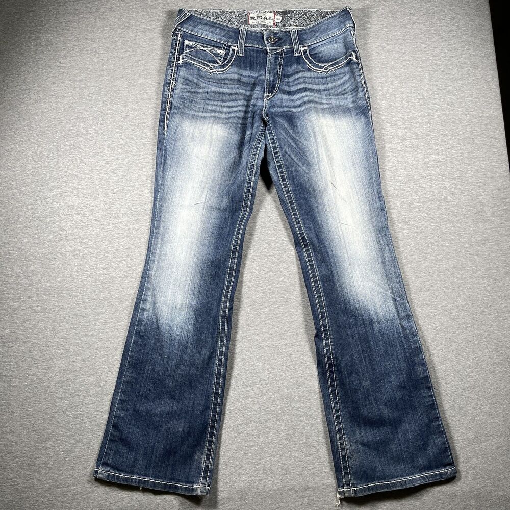 Ariat REAL Bootcut Jeans Womens 32 R Blue Embroidered Distressed Mid Rise